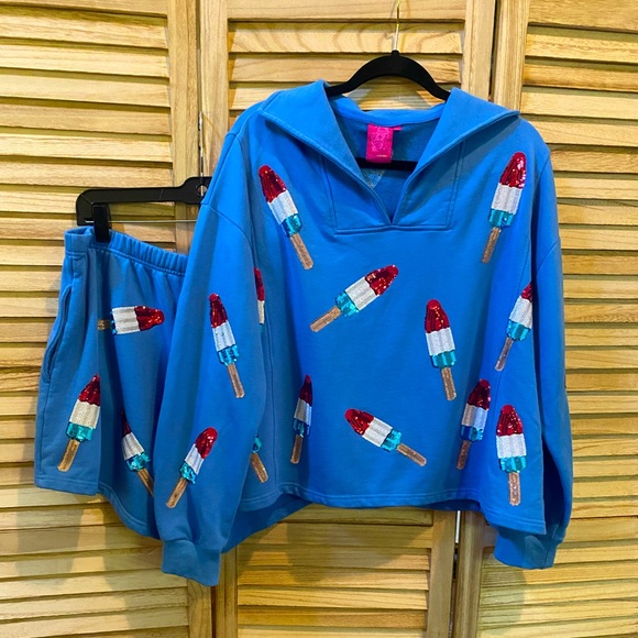 QUEEN OF SPARKLES Tops - Queen of Sparkles Blue Bomb Pop Collared Sweatshirt and Shorts Outfit